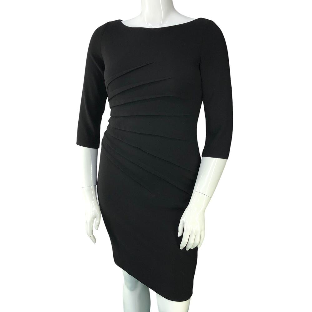 David Meister Size 10 Bateau Neckline Knee Length Dress Bodycon Rouched Black
